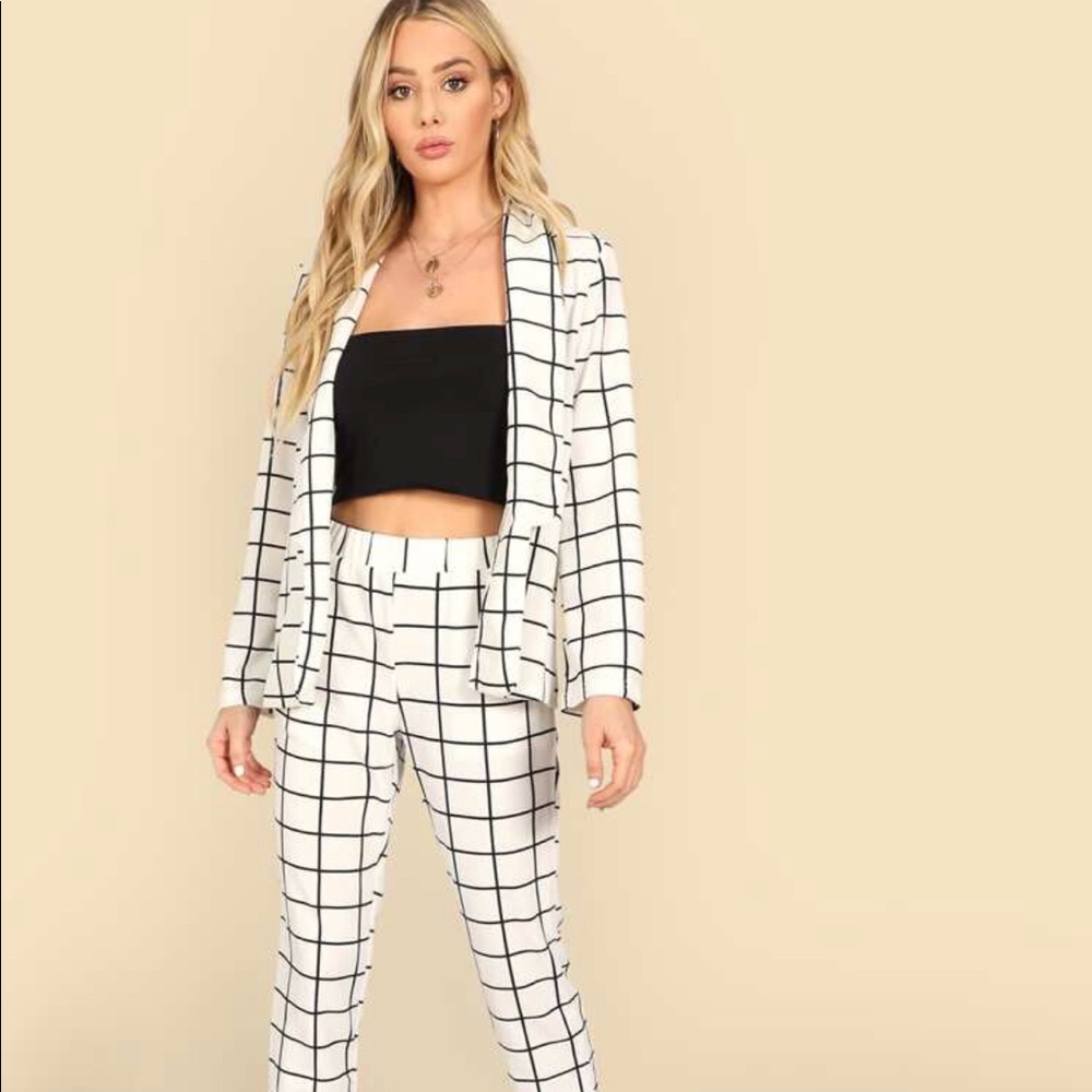 SHEIN Shawl Collar Grid Blazer & Pants Matching Set